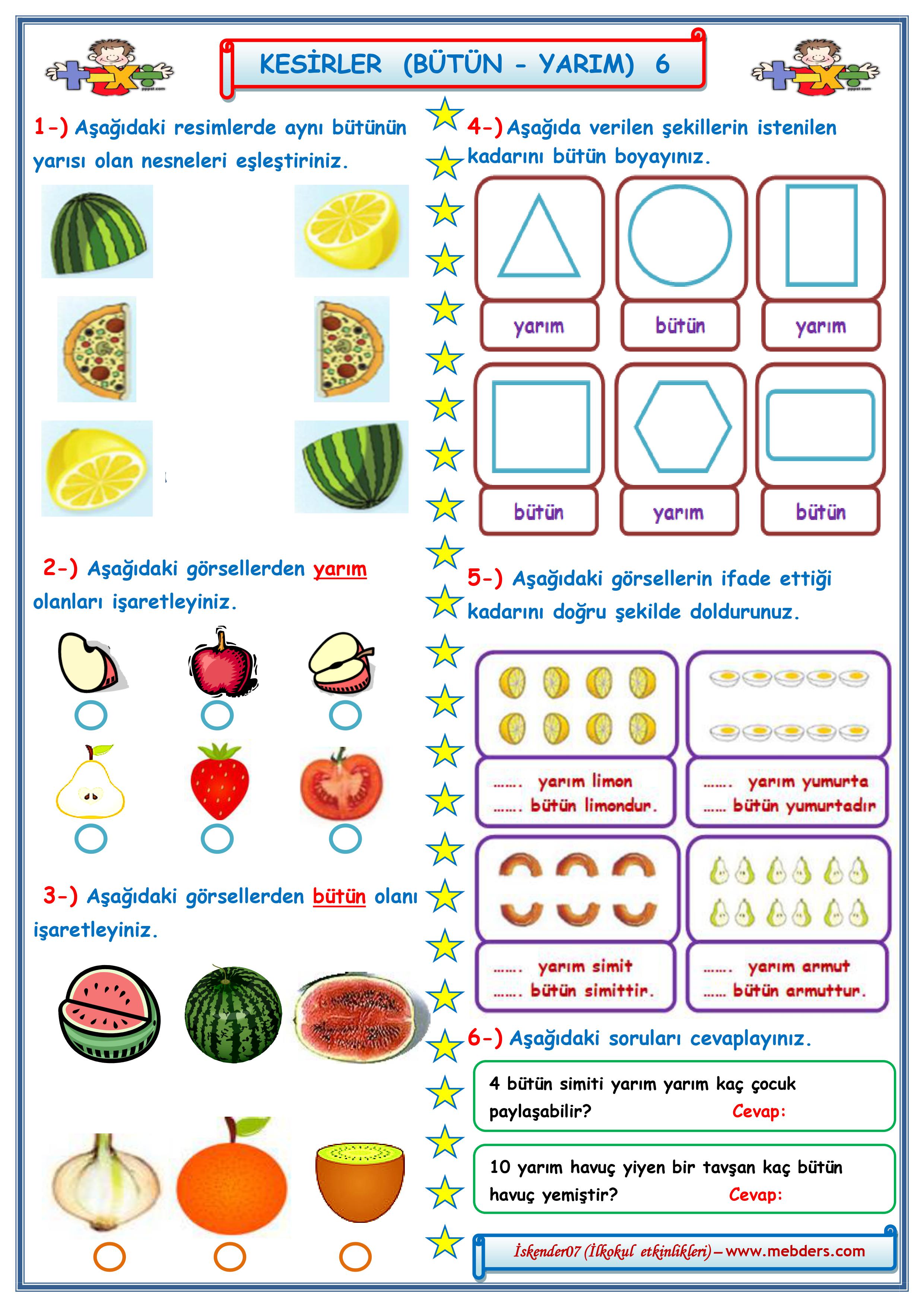 1. Sınıf Matematik Kesirler Bütün Yarım Çalışması 6