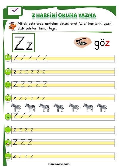 1. Sınıf İlkokuma Z Sesi Okuma Yazma Etkinliği