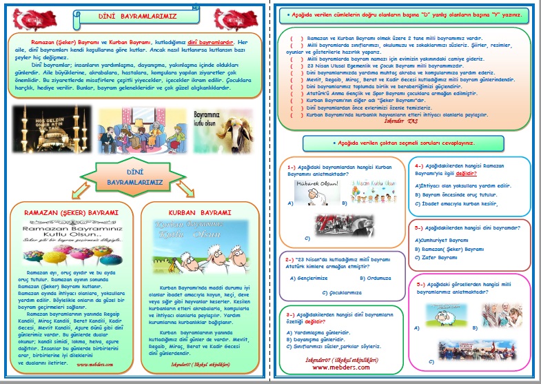 2. Sınıf Hayat Bilgisi Dini Gün ve Bayramlarımız Etkinlik Çalışması (2 sayfa)
