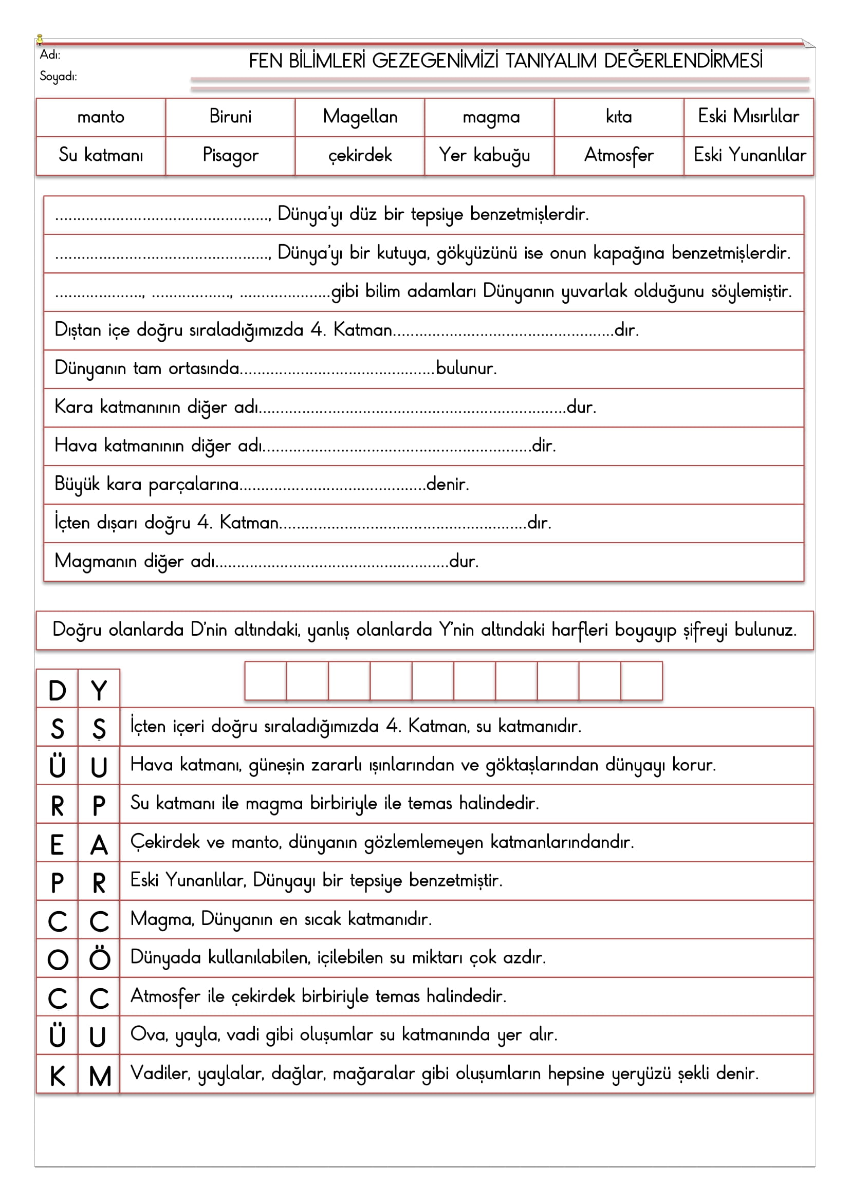 3. Sınıf - Fen Bilimleri Gezegenimizi Tanıyalım Değerlendirmesi