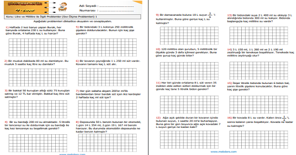 4. Sınıf Matematik Litre ve Mililitre ile İlgili Problemler (Sıvı Ölçme Problemleri) 1