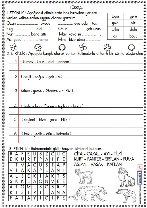 1. Sınıf Türkçe Boşluk Doldurma ve Cümle Oluşturma Etkinliği 9