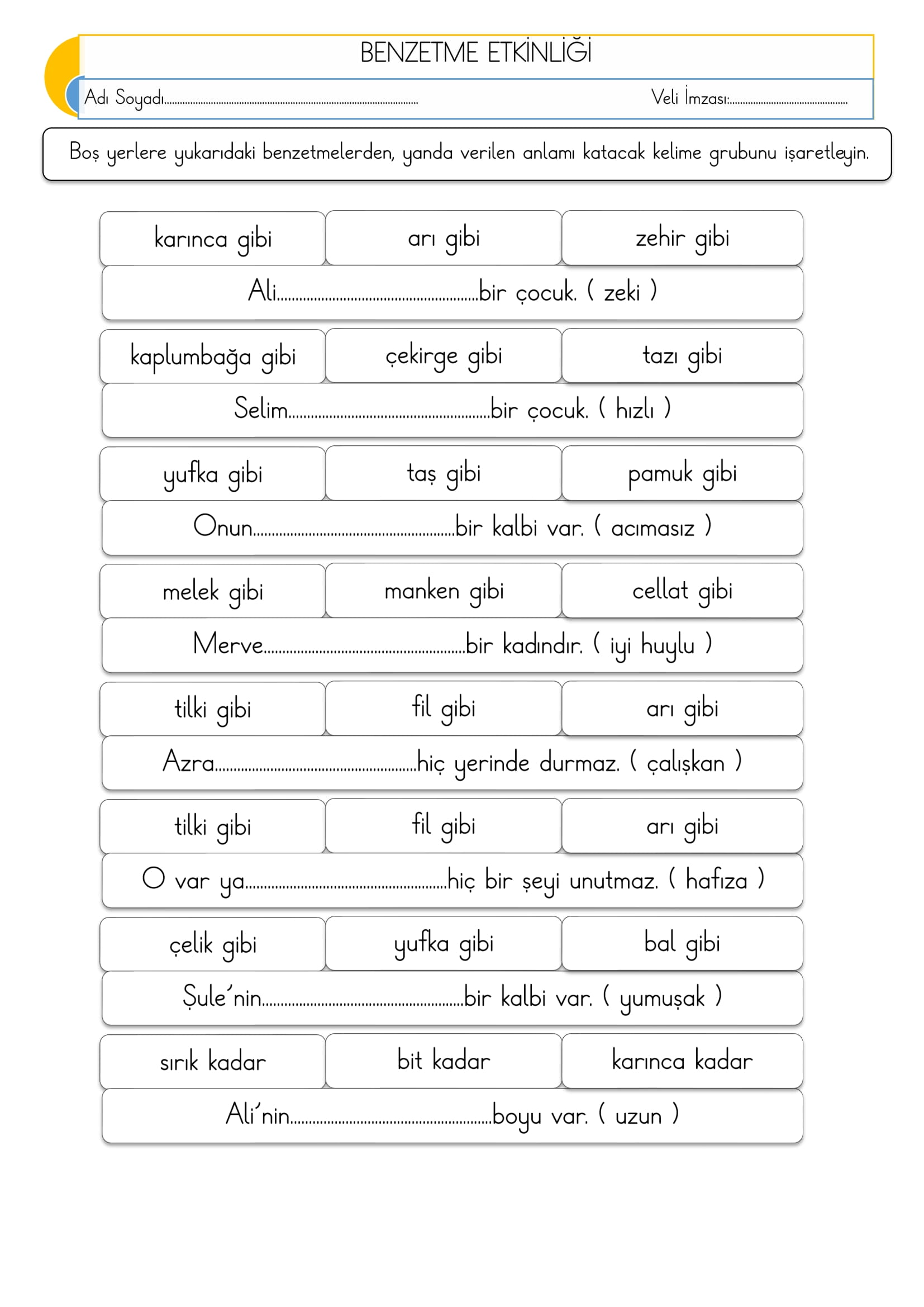 2. Sınıf - Türkçe - Benzetme Etkinliği