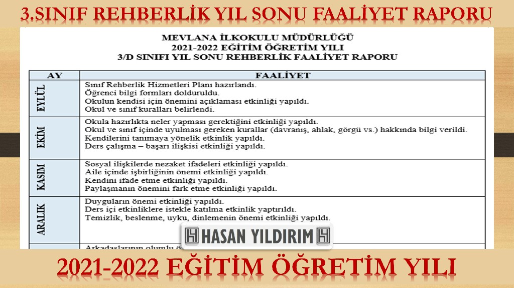 3. Sınıf Rehberlik Yıl Sonu Faaliyet Raporu