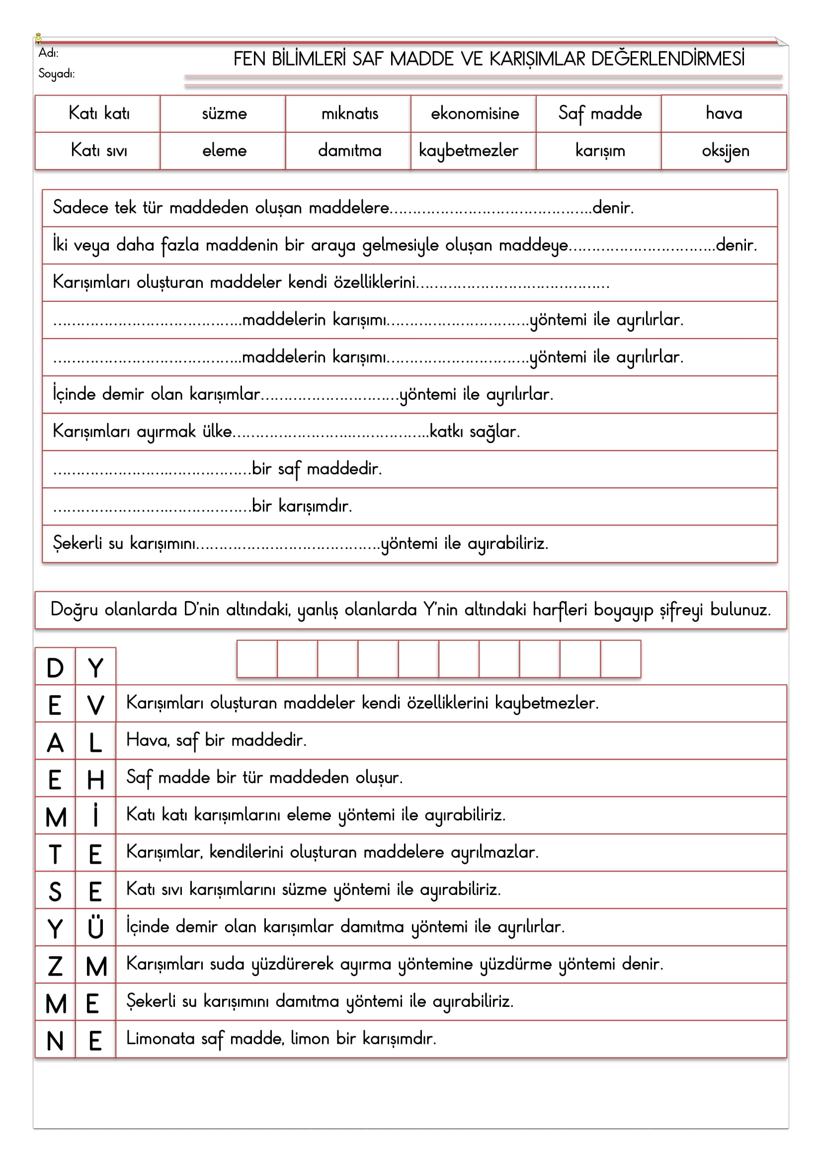 4. Sınıf Fen Bilimleri Saf Madde ve Karışımlar Değerlendirmesi