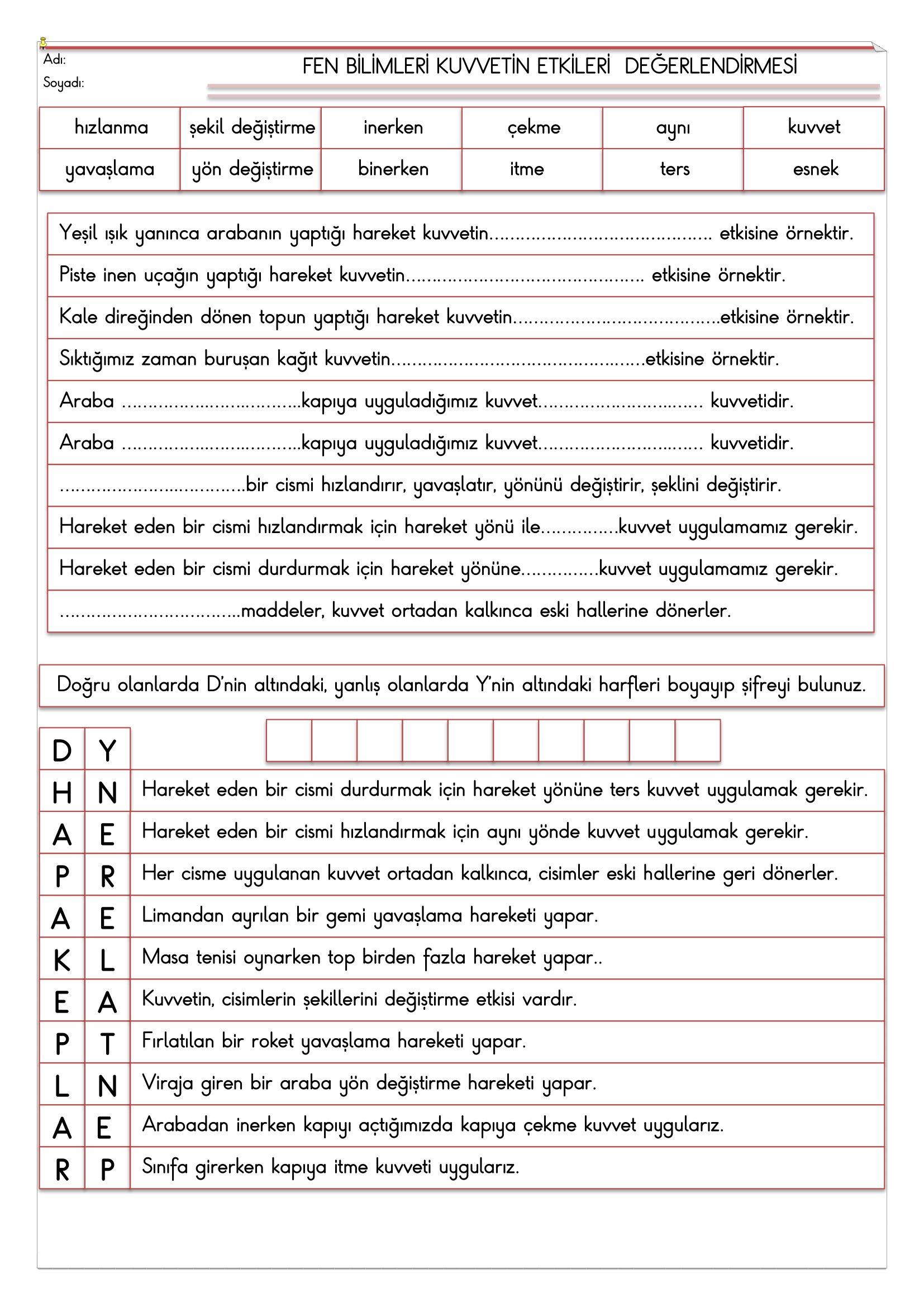 4. Sınıf - Fen Bilimleri Kuvvetin Etkileri Değerlendirmesi