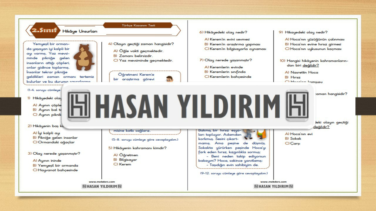 2. Sınıf Türkçe Hikaye Unsurları Testi