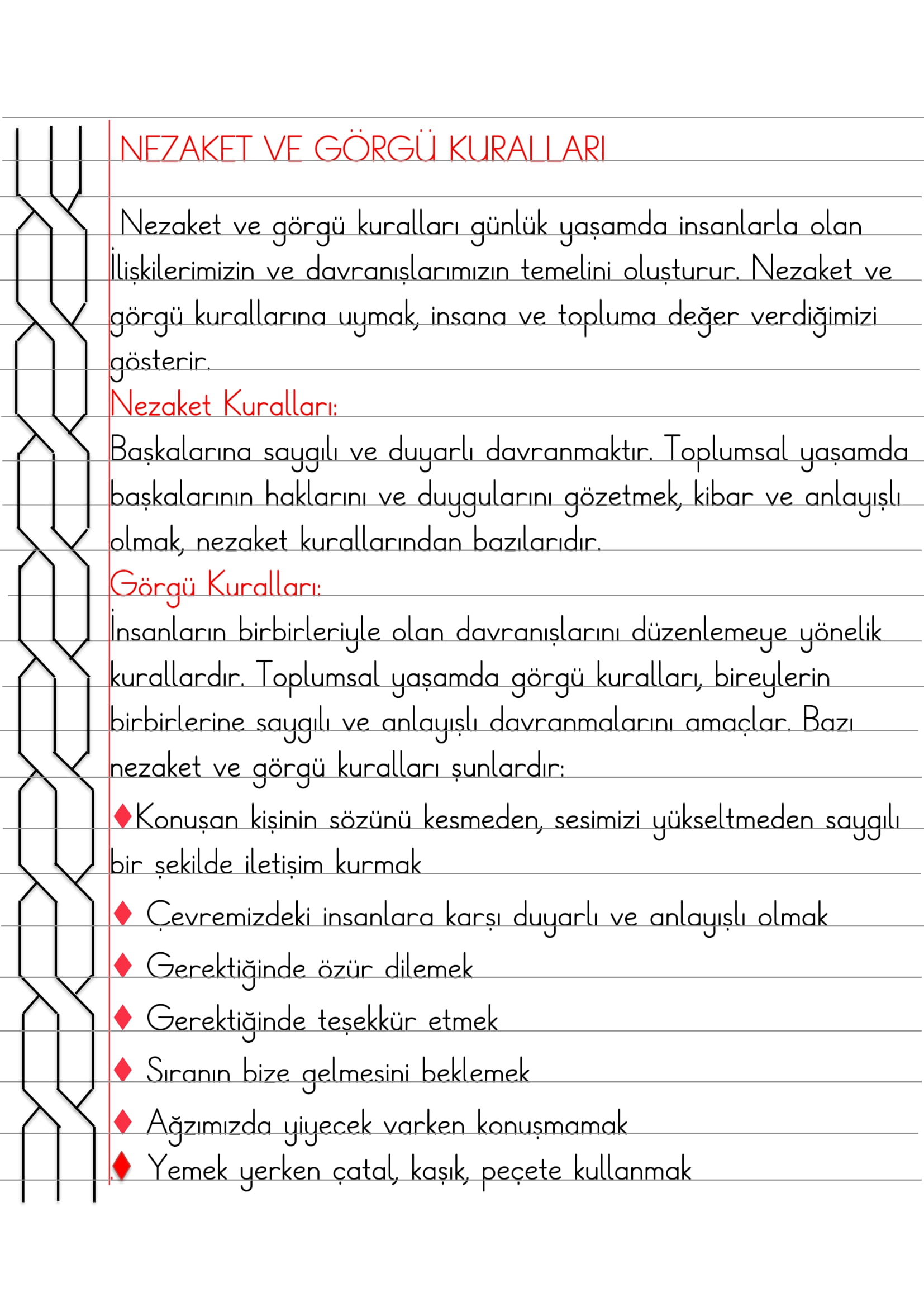 2. Sınıf - Hayat Bilgisi Nezaket ve Görgü Kuralları Defter Özeti