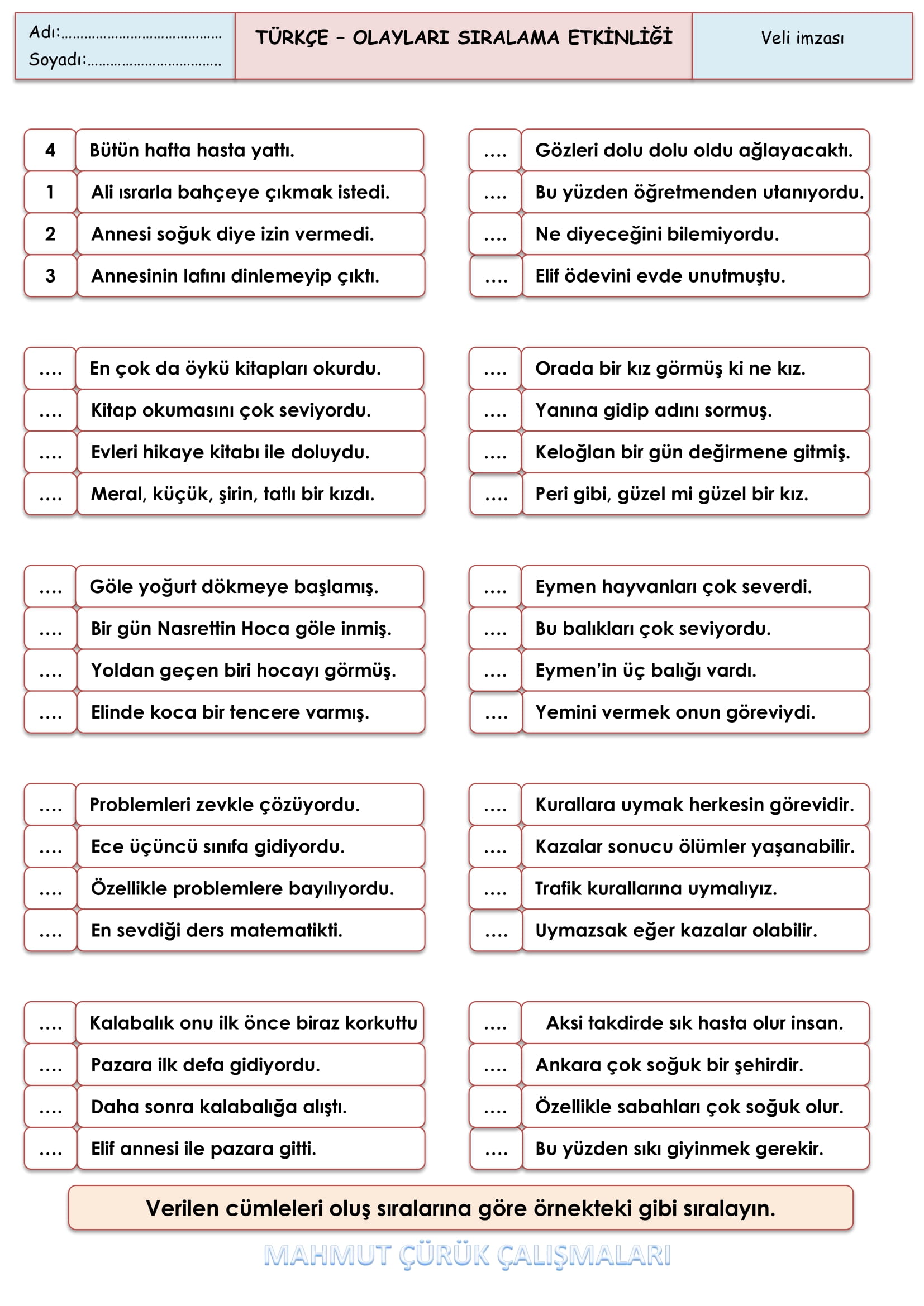 2. Sınıf - Türkçe - Olayları Sıralama Etkinliği