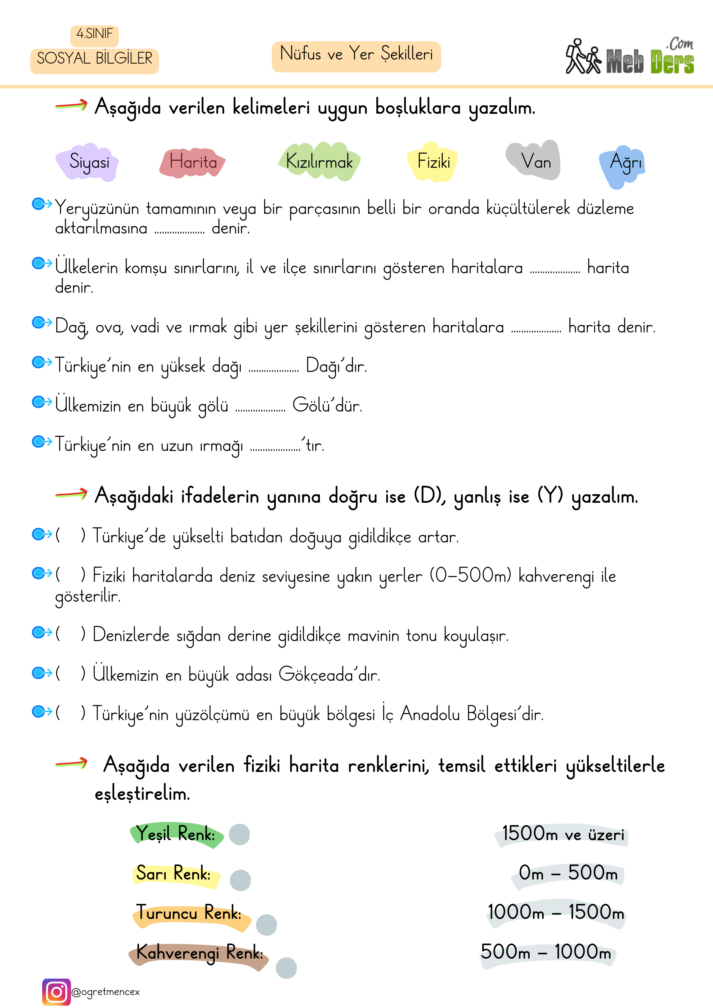 4. Sınıf Sosyal Bilgiler Nüfus ve Yer Şekilleri Çalışma Sayfası
