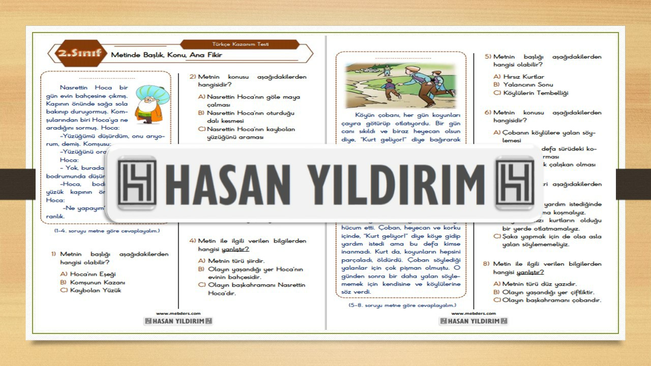 2. Sınıf Türkçe Metinde Başlık, Konu, Anafikir Testi
