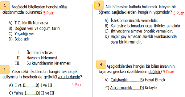 4. Sınıf Sosyal Bilgiler 2.Dönem 1.Yazılı Sınavı (İkinci Dönem Ağırlıklı)