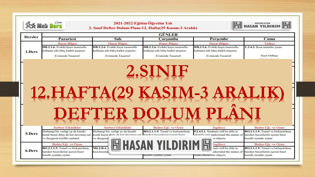 2. Sınıf 12.Hafta(29 Kasım-3 Aralık) Defter Dolum Planı