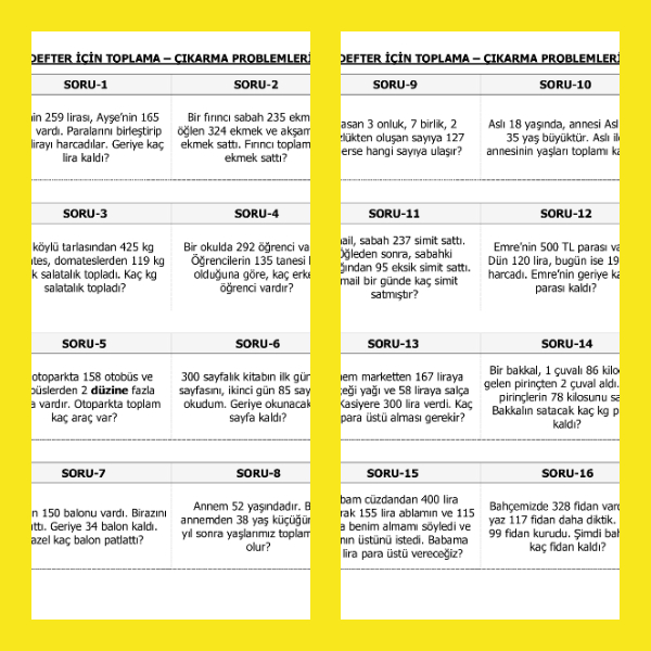 3. Sınıf Matematik - Defter İçin Toplama Çıkarma Problemleri