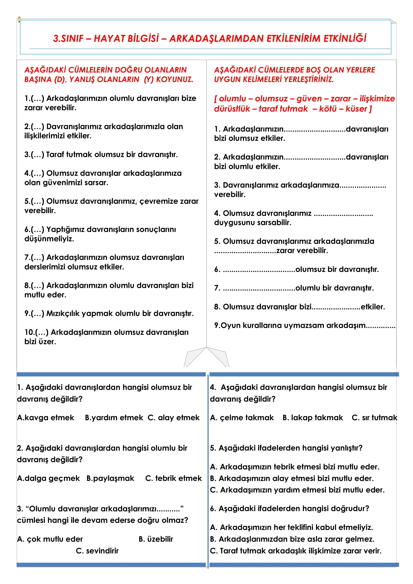 3. Sınıf - Hayat Bilgisi Arkadaşlarımdan Etkilenirim Etkinliği