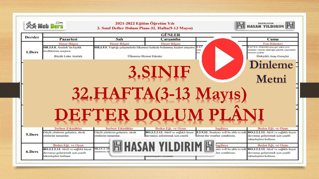 3. Sınıf 32.Hafta(9-13 Mayıs) Defter Dolum Planı