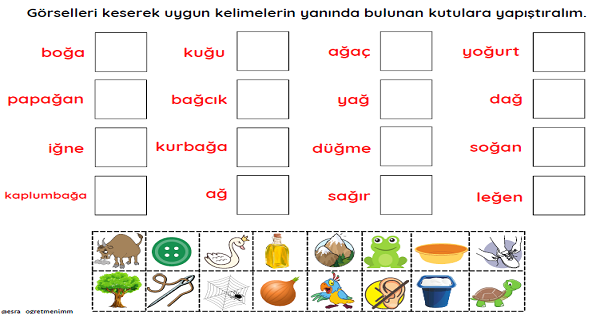 1. Sınıf İlk Okuma Yazma Ğ-ğ Sesi Görsellerle Kelime Eşleştirme Kes-Yapıştır