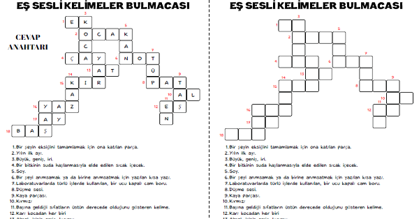 3. Sınıf Türkçe Eş Sesli Kelimeler Bulmacası