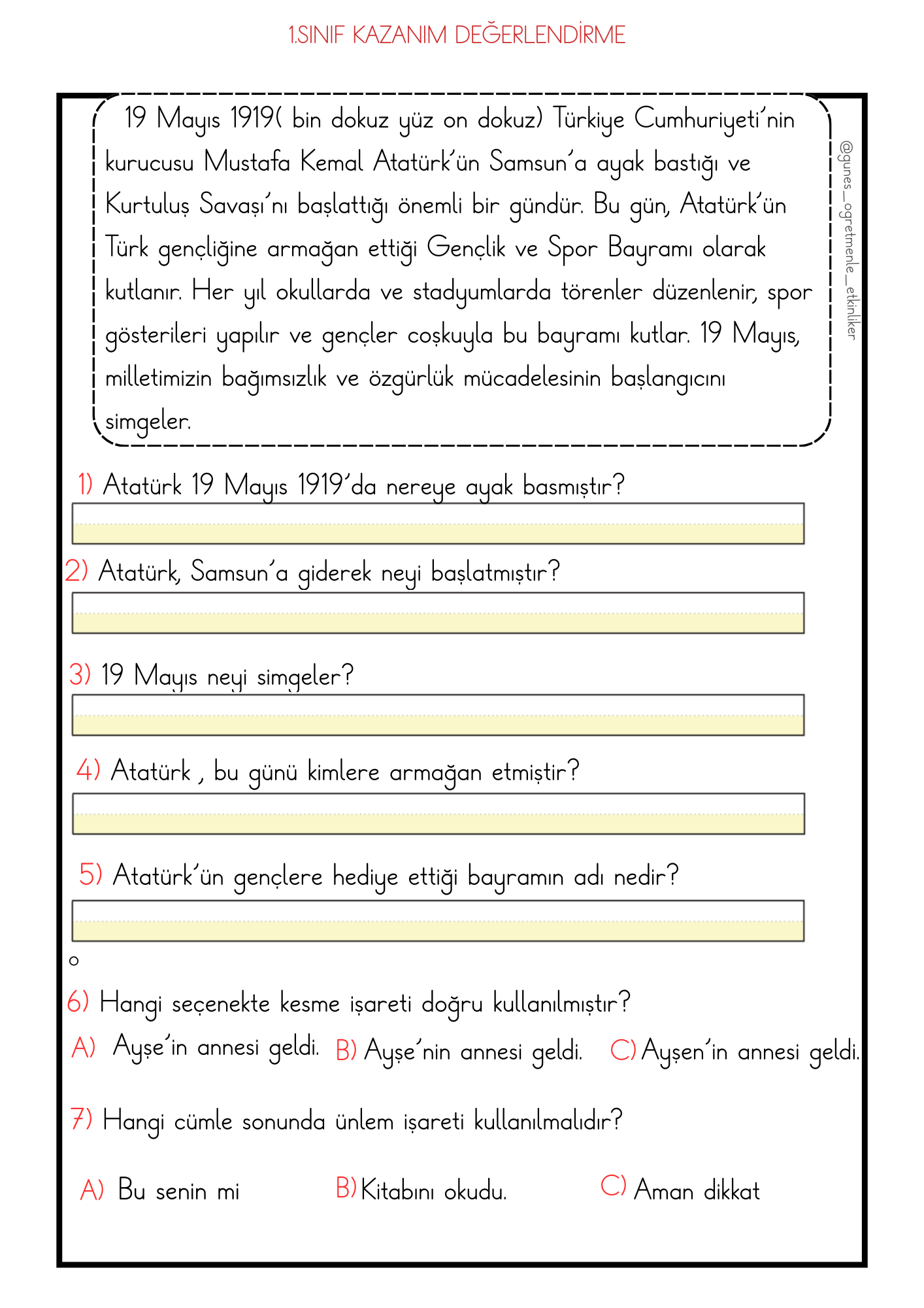 1. Sınıf Kazanım Değerlendirme