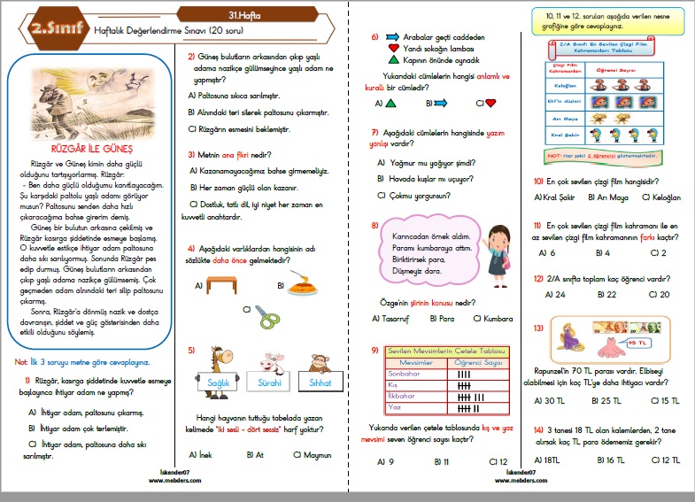 2. Sınıf Haftalık Değerlendirme Testi - 31.Hafta (08-12 Mayıs)