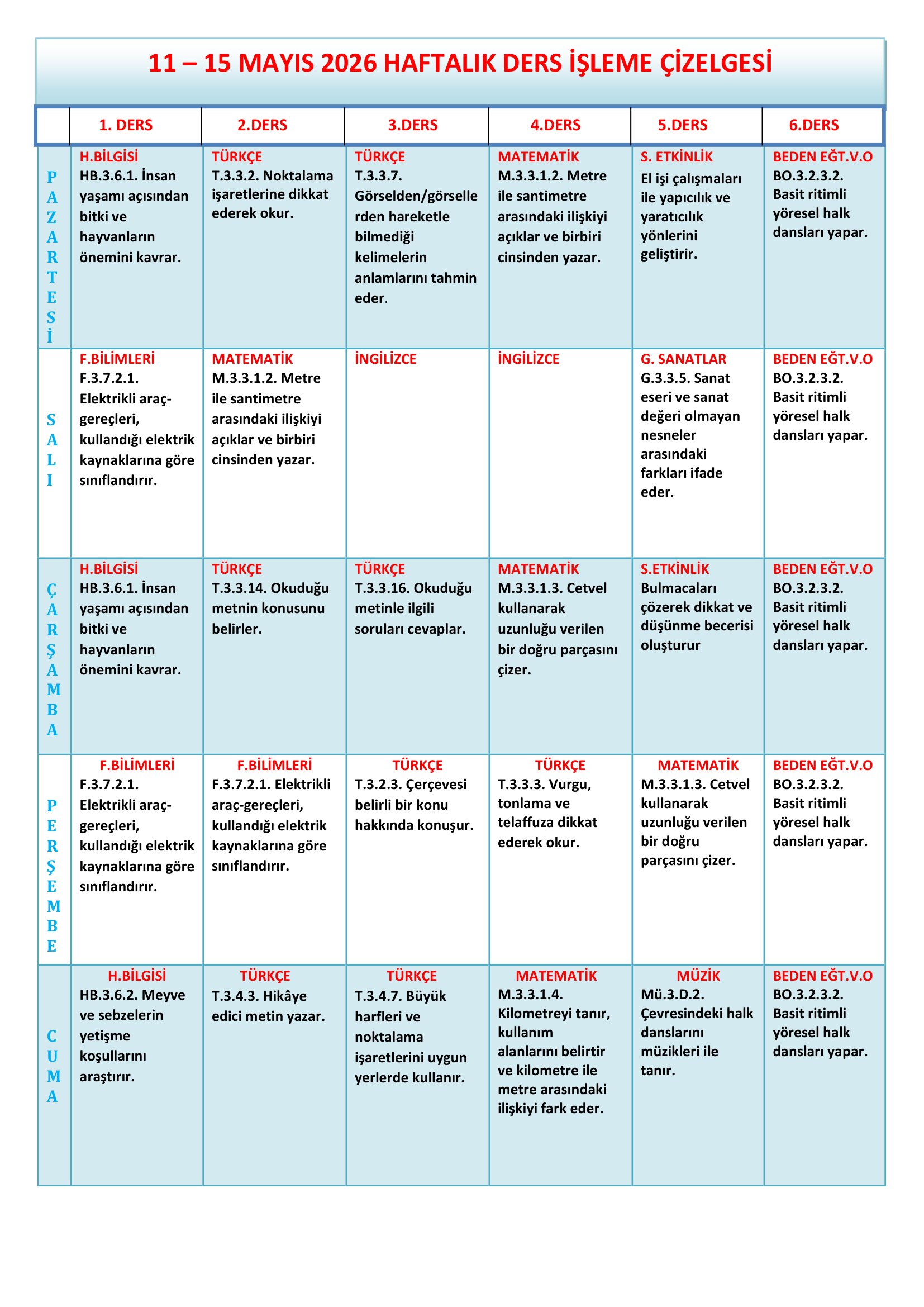 3. Sınıf 11 - 15 Mayıs 2026 Haftalık Ders İşleme Çizelgesi.doc
