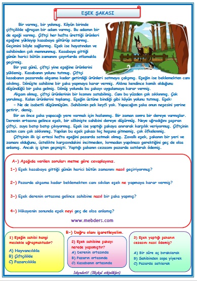 2. Sınıf Türkçe Eşek Şakası Okuma Anlama Metin Çalışması 33