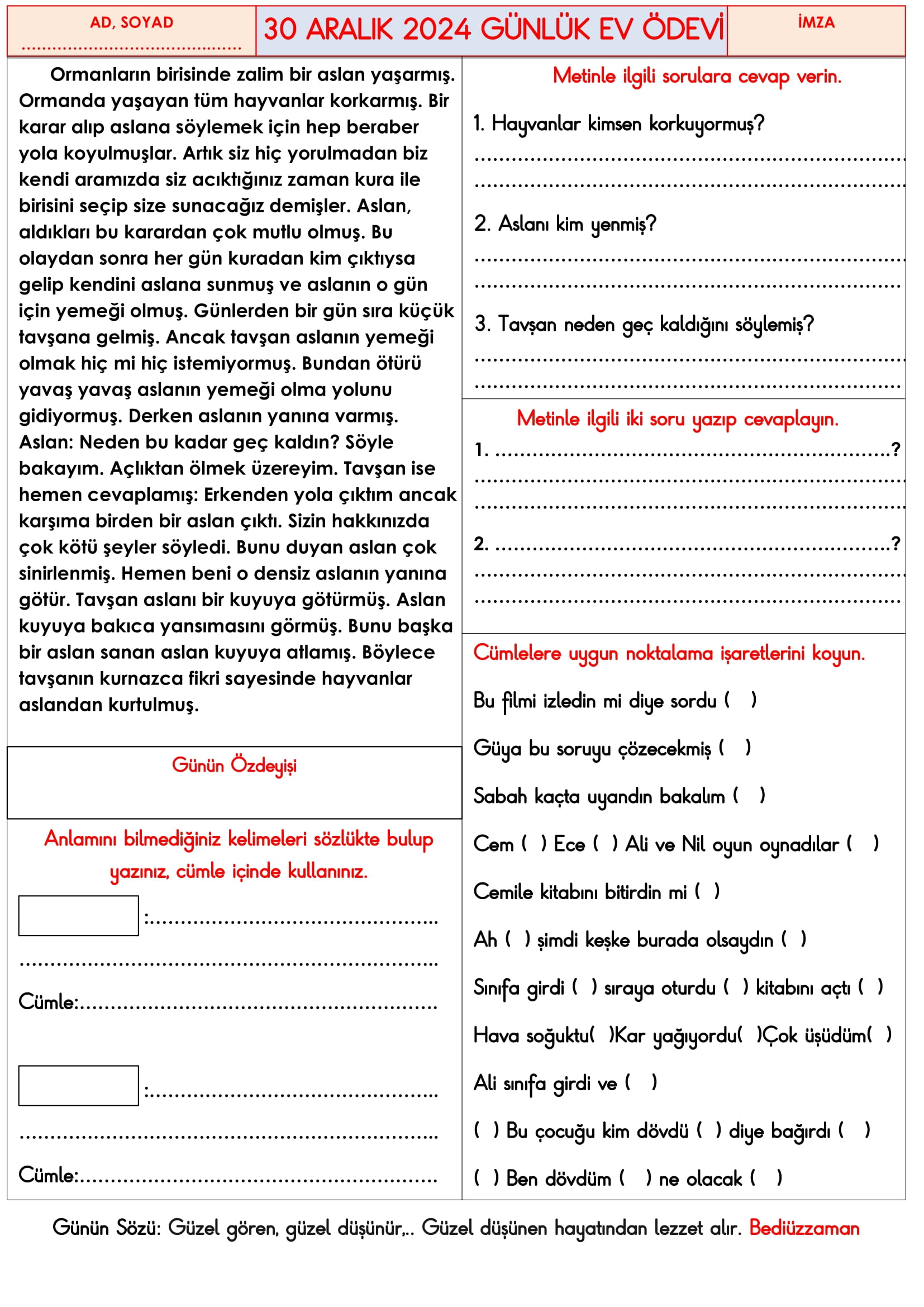 3. Sınıf 30 Aralık 2024 Günlük Ev Ödevi