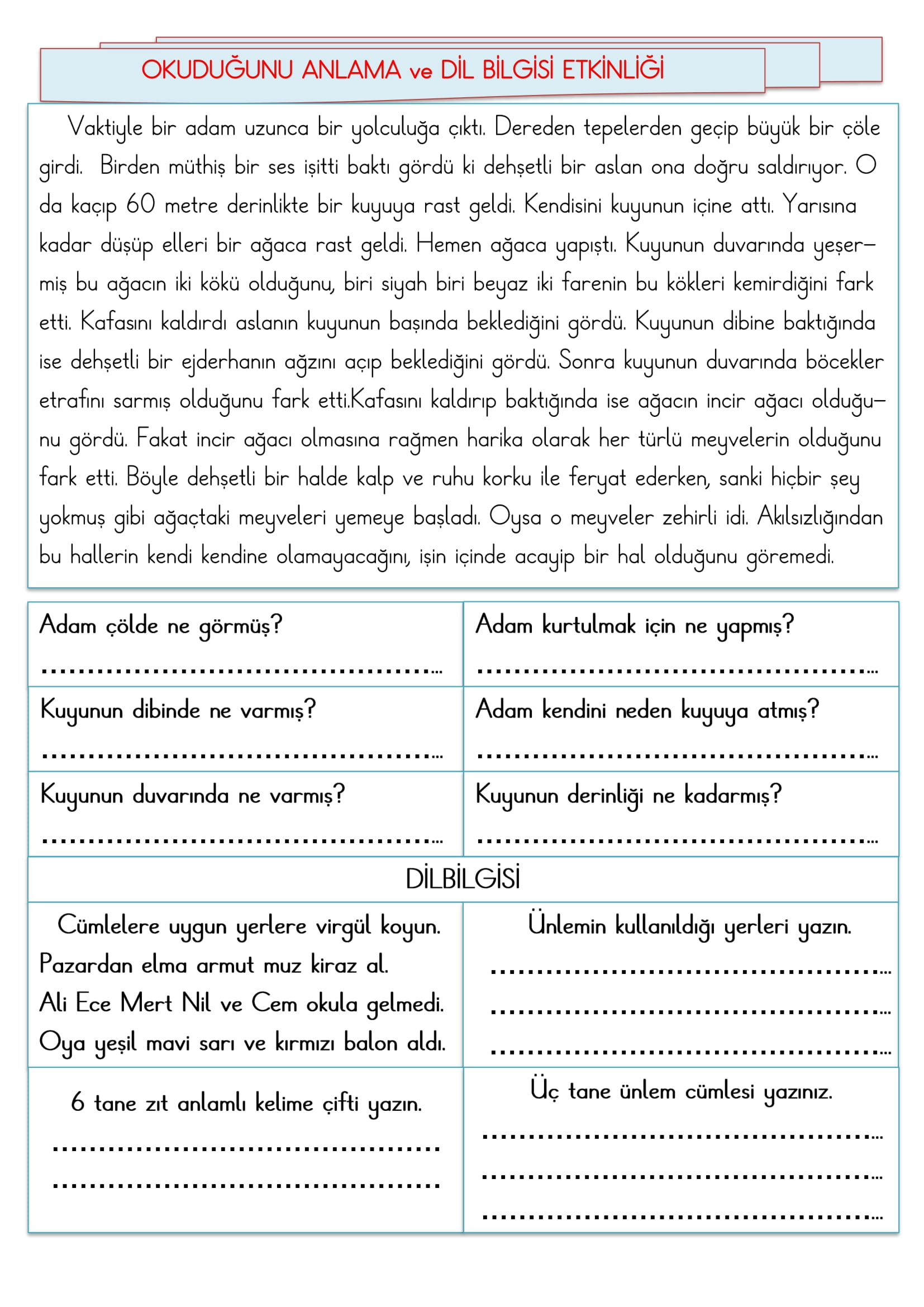 2. Sınıf - Türkçe Okuduğunu Anlama ve Dil Bilgisi Etkinliği-4