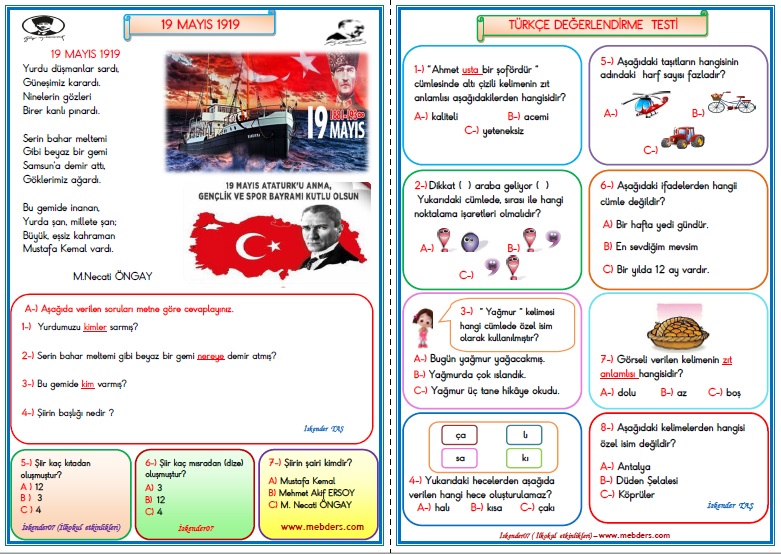 1. Sınıf Türkçe 19 Mayıs 1919 Değerlendirme Çalışması 10