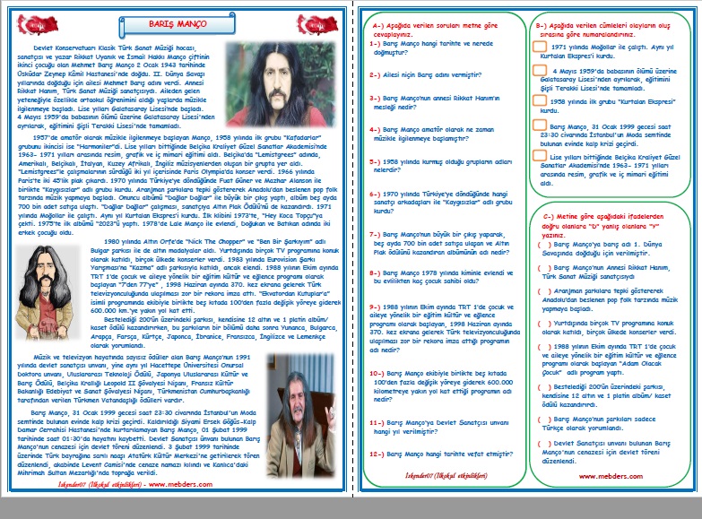 4. Sınıf Türkçe Barış Manço Okuma Anlama ve Metin Çalışması 7