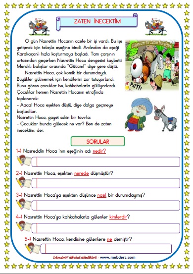 1. Sınıf Türkçe Zaten İnecektim Okuma Anlama Metin Çalışması 25