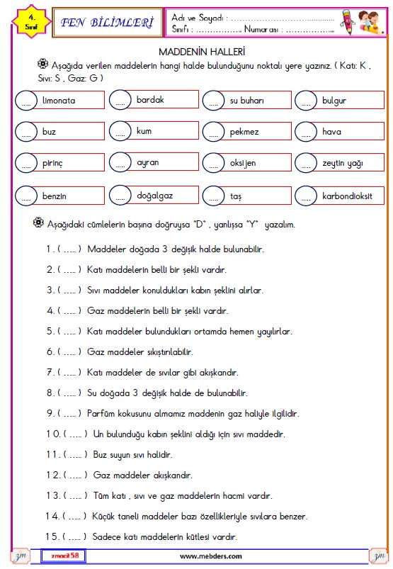 4. Sınıf Fen Bilimleri Maddenin Halleri Etkinliği