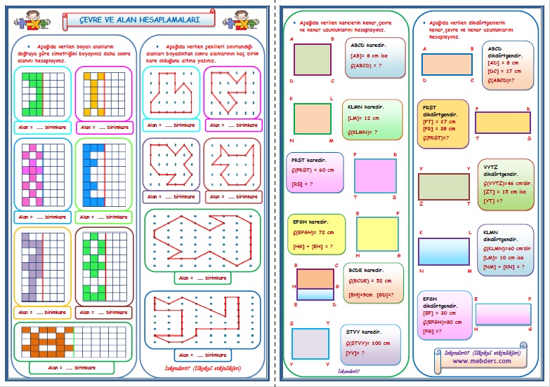 3. Sınıf Matematik Çevre ve Alan Hesaplamaları  (2 Sayfa)