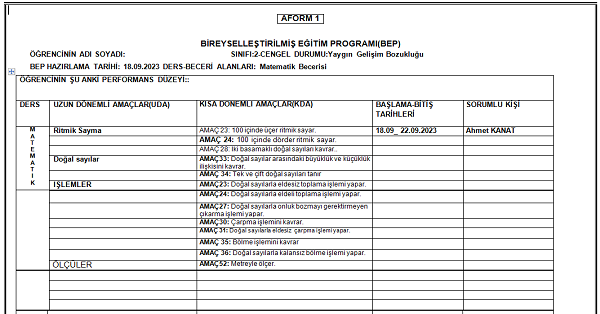 2. Sınıf Matematik Bireyselleştirilmiş Eğitim Planı (Bep) 2023-2024