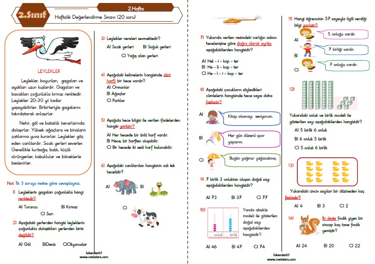 2. Sınıf Haftalık Değerlendirme Testi-2.Hafta(13-17 Eylül)