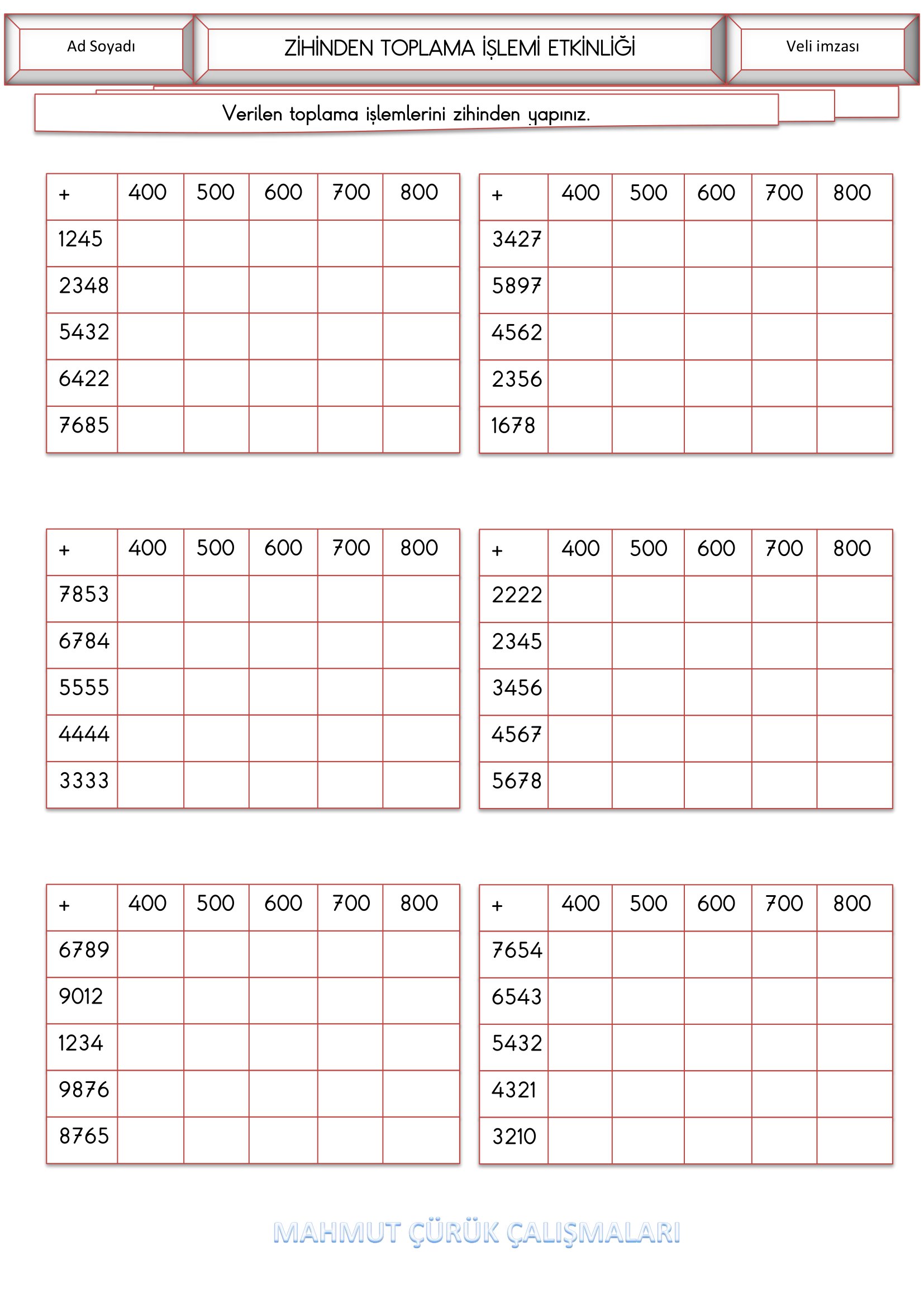 4. Sınıf - Matematik Zihinden Toplama İşlemi Etkinliği