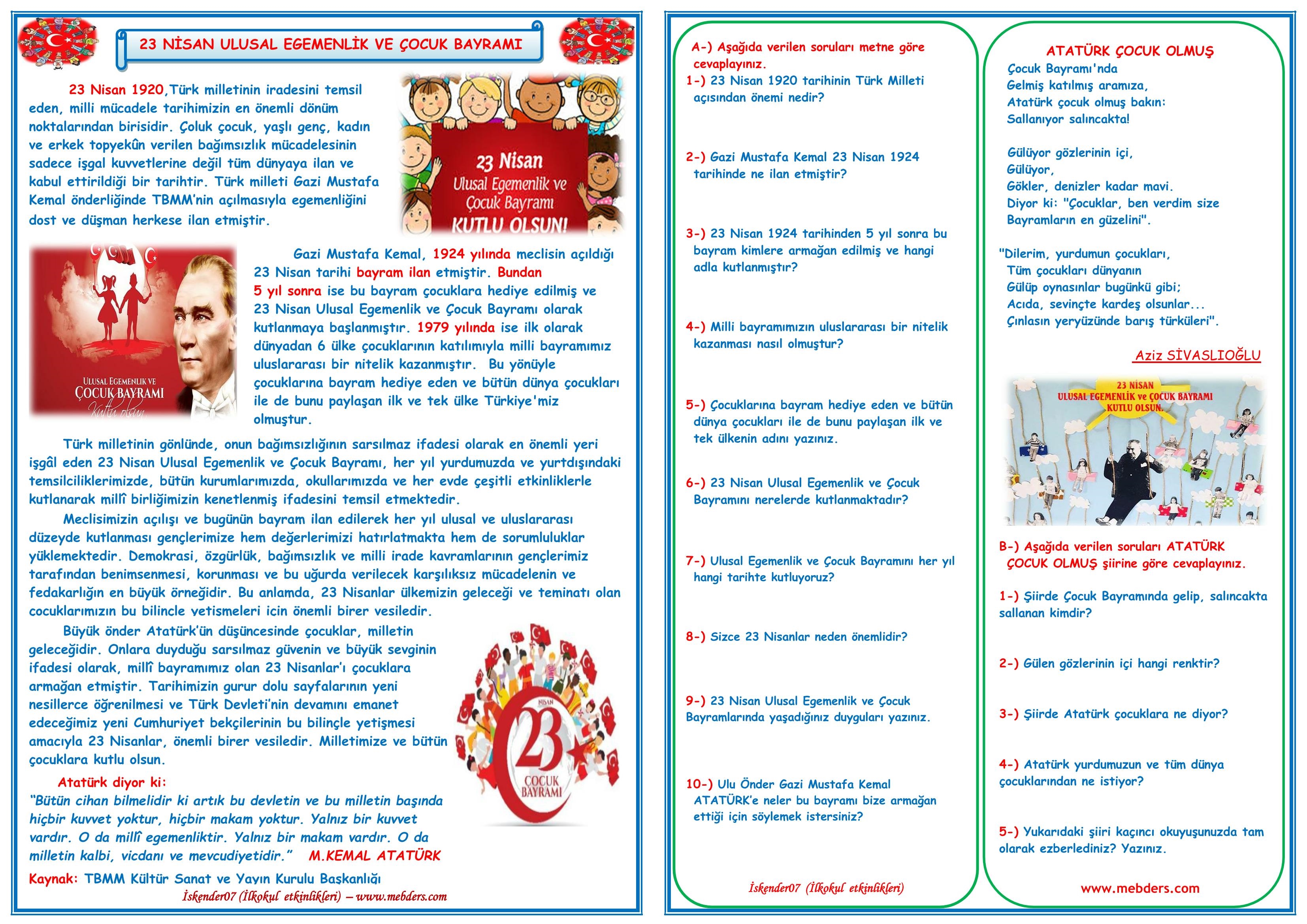 23 Nisan Ulusal Egemenlik ve Çocuk Bayramı Etkinlik Çalışması (2 Sayfa)