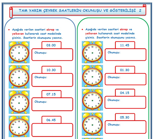 2. Sınıf Matematik Tam Yarım Çeyrek Saatlerin Okunuşu ve Gösterilişi 2