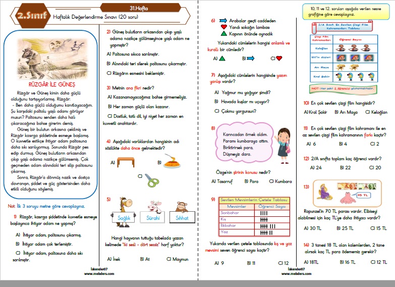 2. Sınıf Haftalık Değerlendirme Testi - 31.Hafta (08-12 Mayıs)