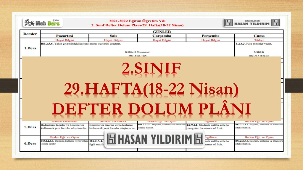 2. Sınıf 29.Hafta(18-22 Nisan) Defter Dolum Planı
