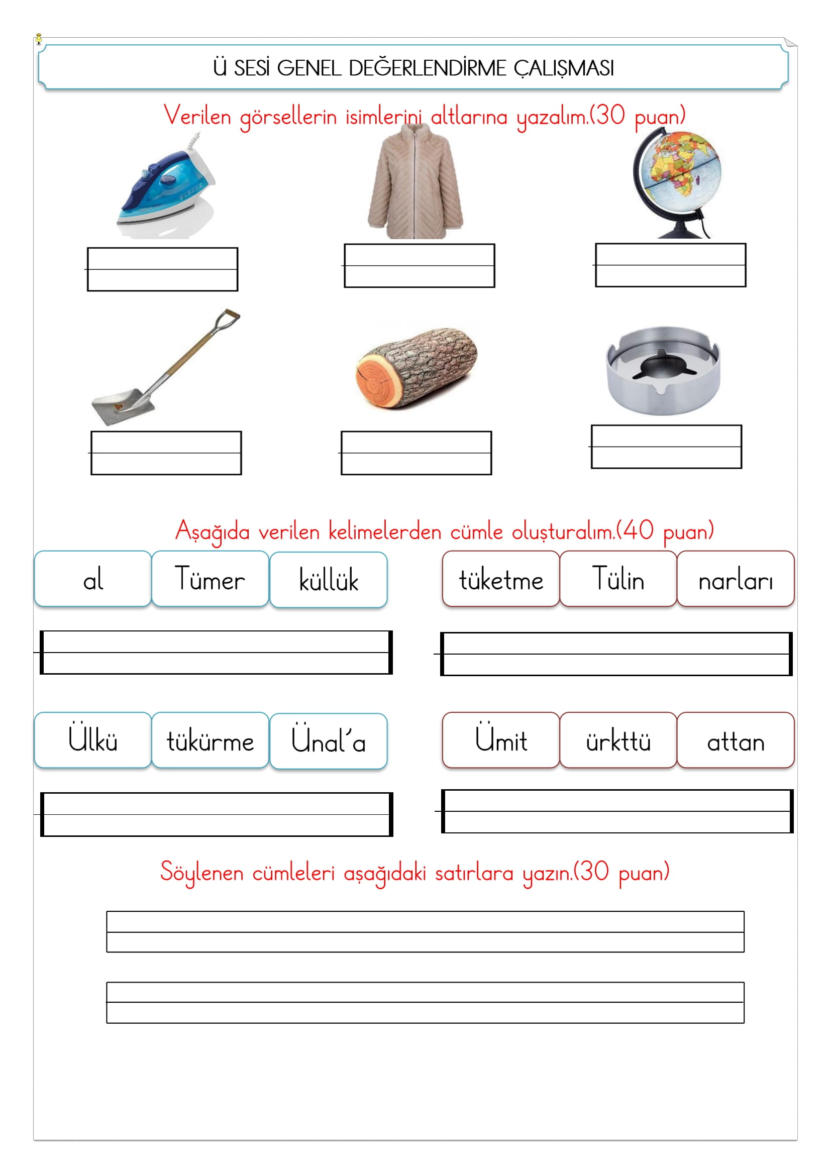 1. Sınıf İlk Okuma Yazma Ü Sesi Değerlendirme Çalışması