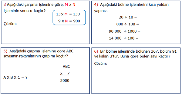 4. Sınıf Matematik 3.Ünite Değerlendirme Etkinliği 1