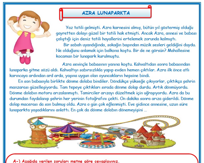 2. Sınıf Türkçe Azra Lunaparkta Okuma Anlama Metin Çalışması