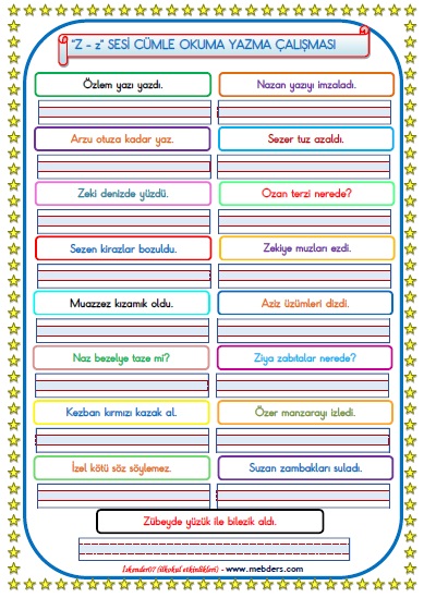 1. Sınıf Z-z Sesi Cümle Okuma Yazma Çalışması ( 17 Farklı Cümle)