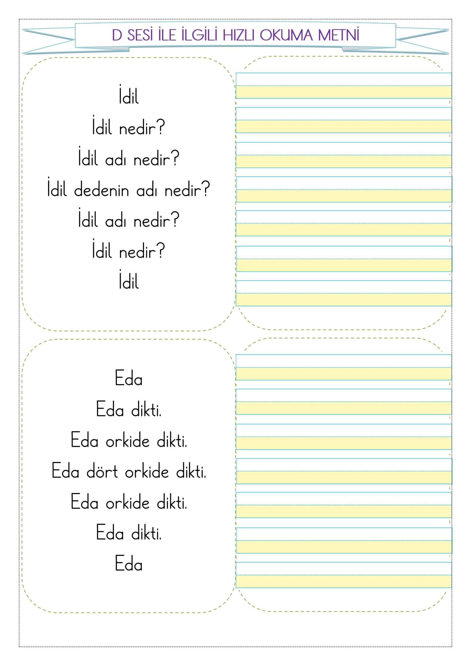 1. Sınıf İlk Okuma Yazma D Sesi Hızlı Okuma Metni