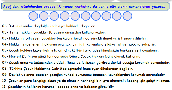 4. Sınıf Sosyal Bilgiler İnsanlar ve Yönetim Ünitesi Doğru-Yanlış Etkinliği