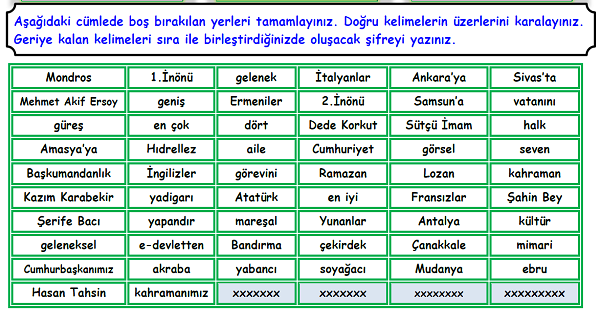 4. Sınıf Sosyal Bilgiler Geçmişimi Öğreniyorum Ünitesi Boşluk Doldurma Etkinliği