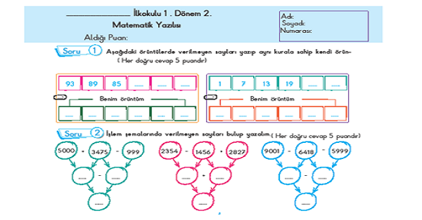 4. Sınıf Matematik Dersi 1.Dönem 2.Yazılısı