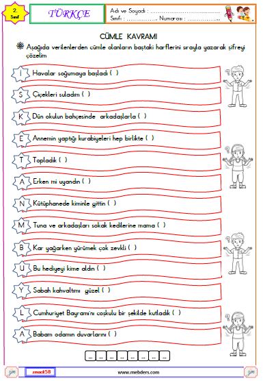 2. Sınıf Türkçe Cümle Bilgisi Etkinliği