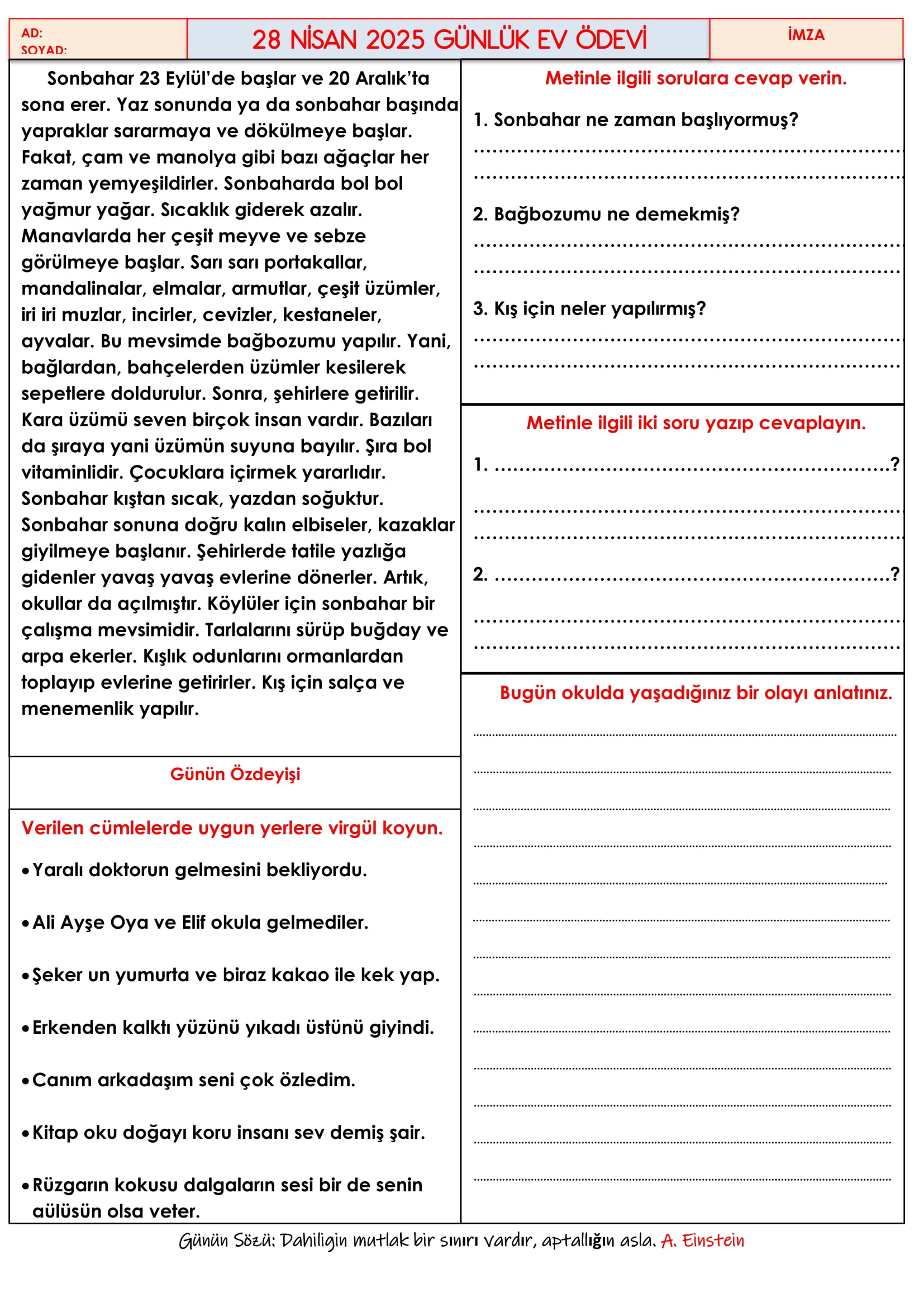 4. Sınıf 28 Nisan 2025 Günlük Ev Ödevi